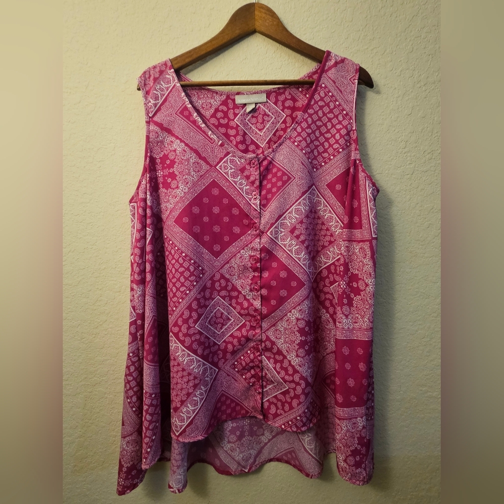 Woman Within Blouse Womens Size Large Pink White Paisley Patchwork Button Up